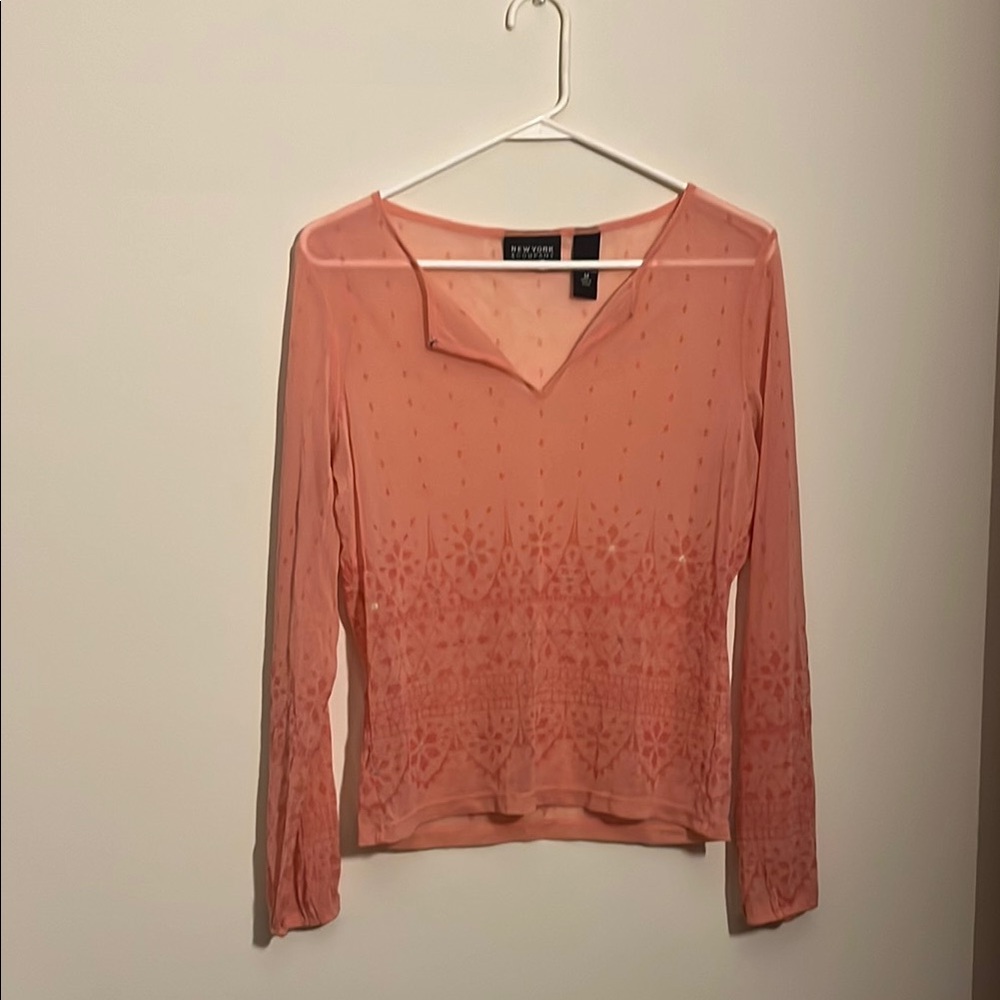 New York & Company Coral Sheer Graphic Fitted Long Sleeve Blouse